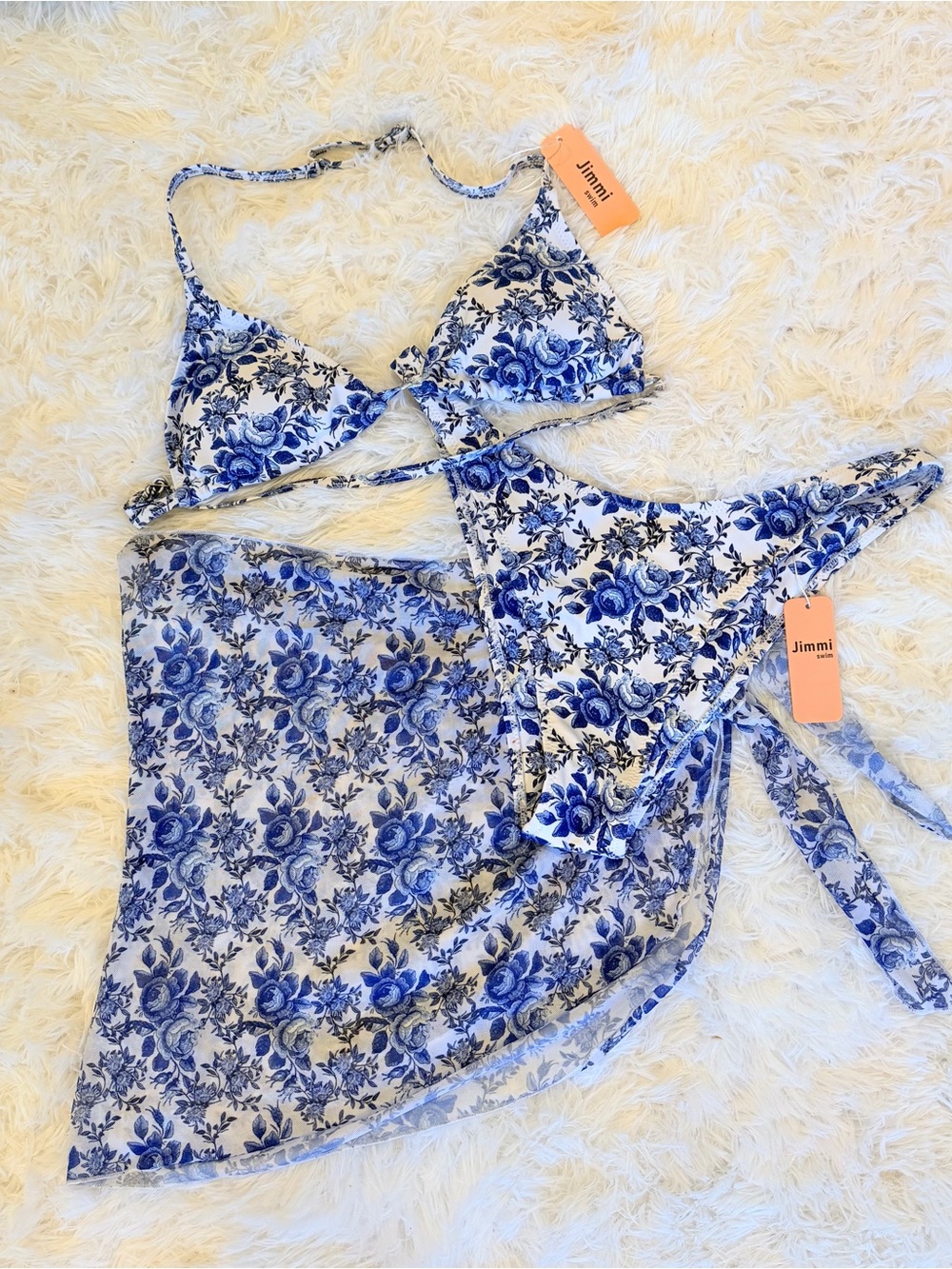 New with tags bikini set with matching sarong - blue floral design - jimmi swim